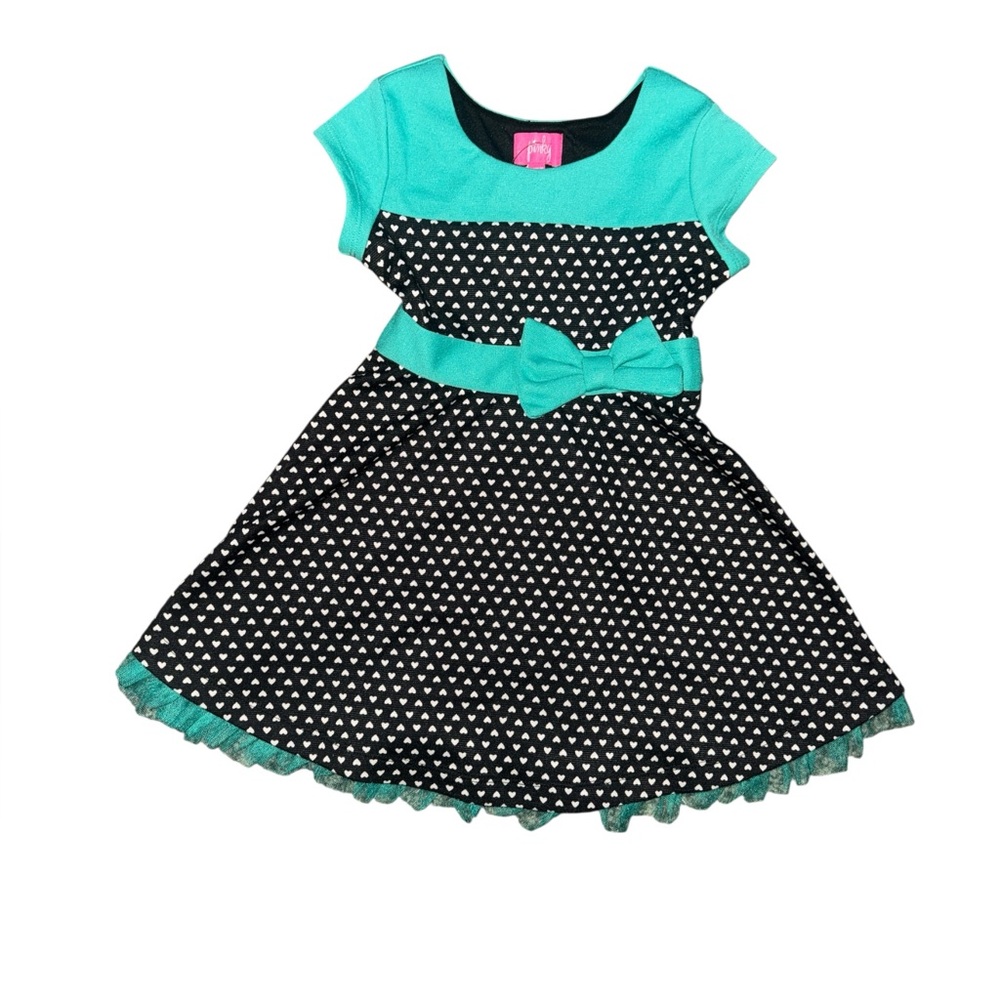 Pinky Kids Retro Polka Dot Heart Dress in Black & Teal With Tulle Ruffle Lining